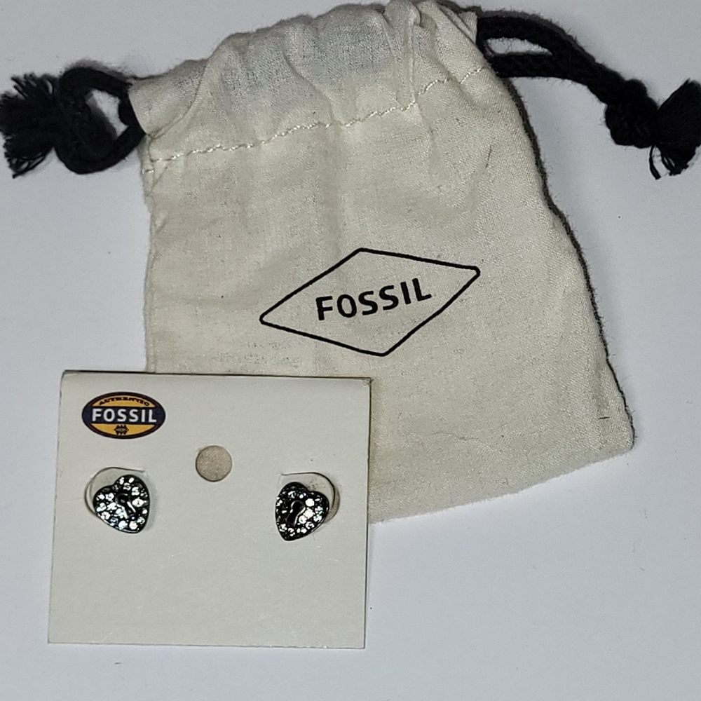 Fossil Silver Heart Lock Stud Earrings